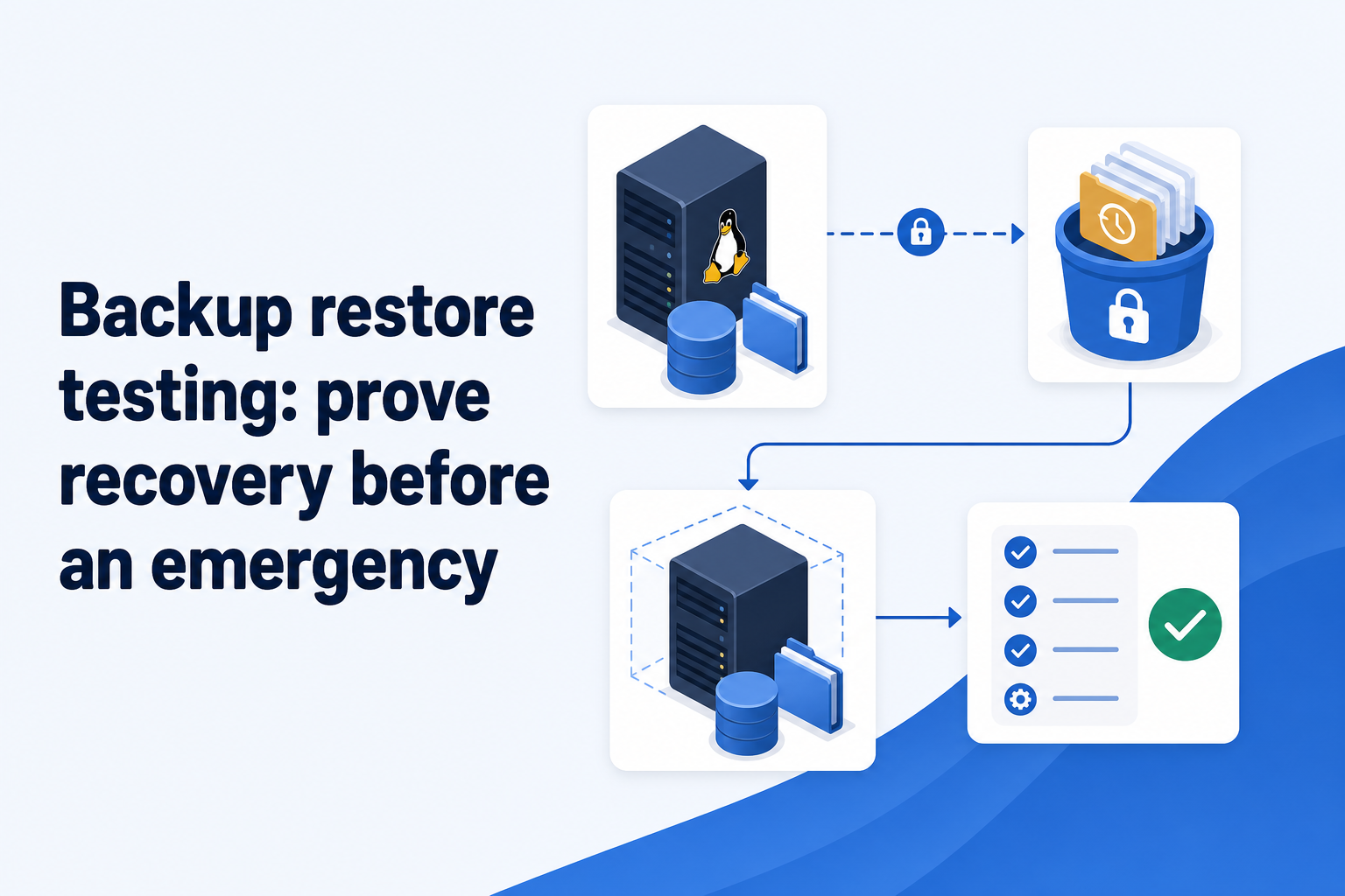 Illustration of an encrypted backup restored from object storage to an isolated Linux recovery environment for validation.