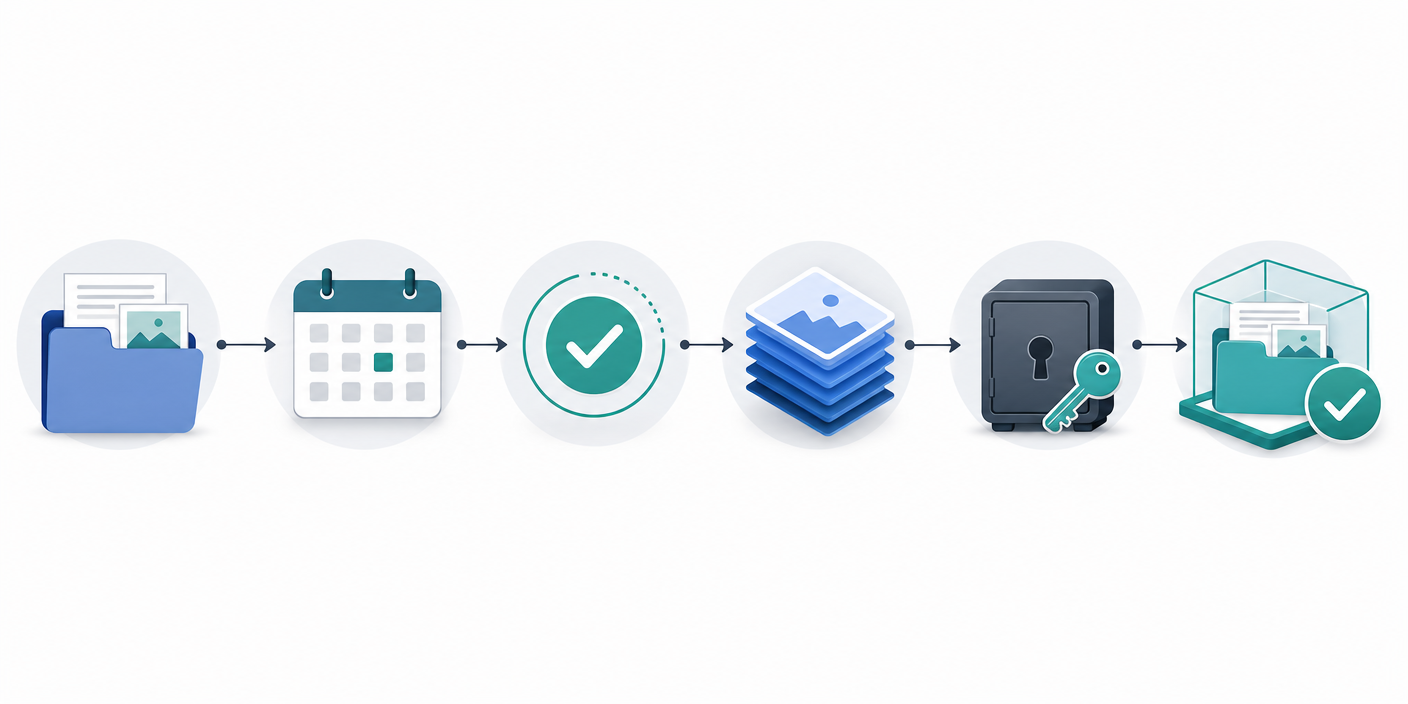 Six-stage backup verification path from protected source and schedule to snapshot, key custody, and isolated restore validation.