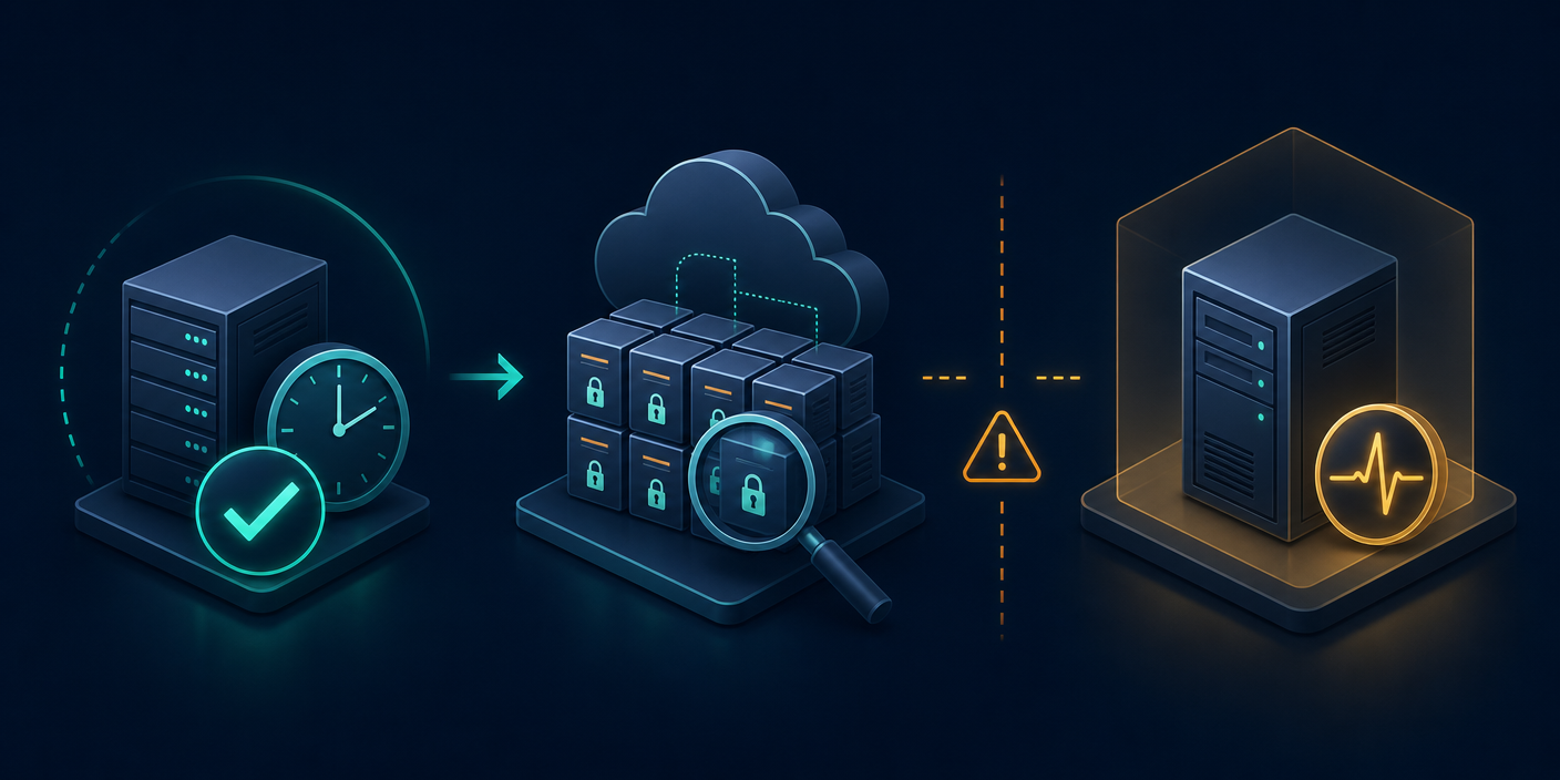 Three-stage backup verification illustration showing a completed run, inspected encrypted snapshot, and validated restore on an isolated server.