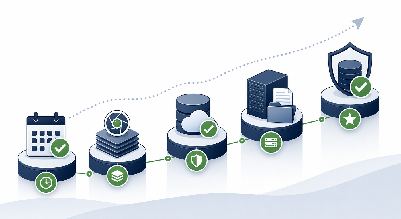 Five-step verification diagram progressing from scheduled backup completion to isolated application restore validation.